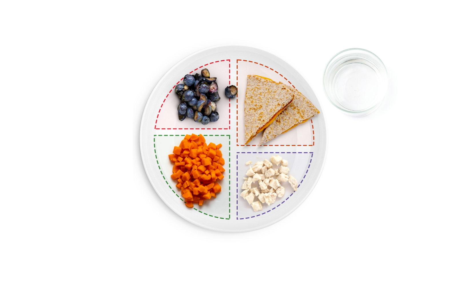 A well-presented plate containing a blueberry, carrot, quesadilla with cheese